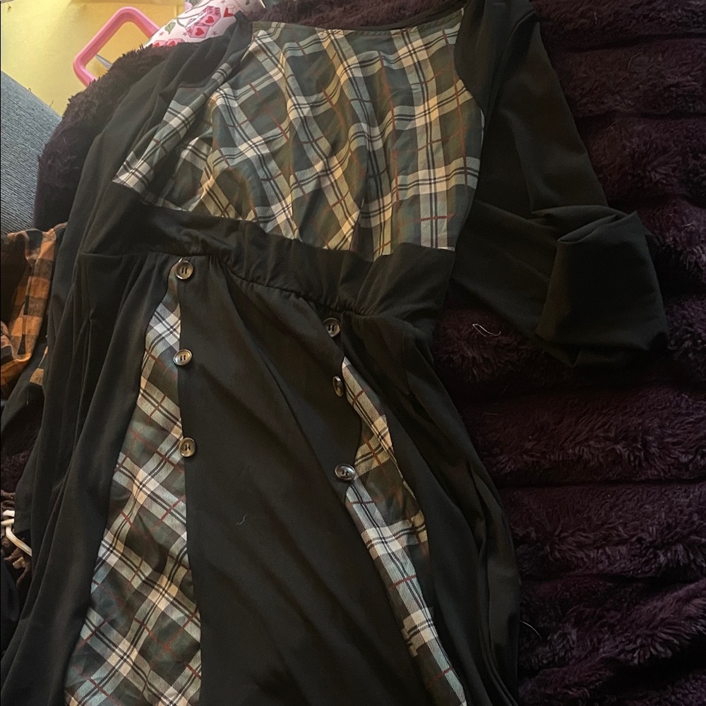 BloomChic Black Long-Sleeve Dress with Plaid Inset